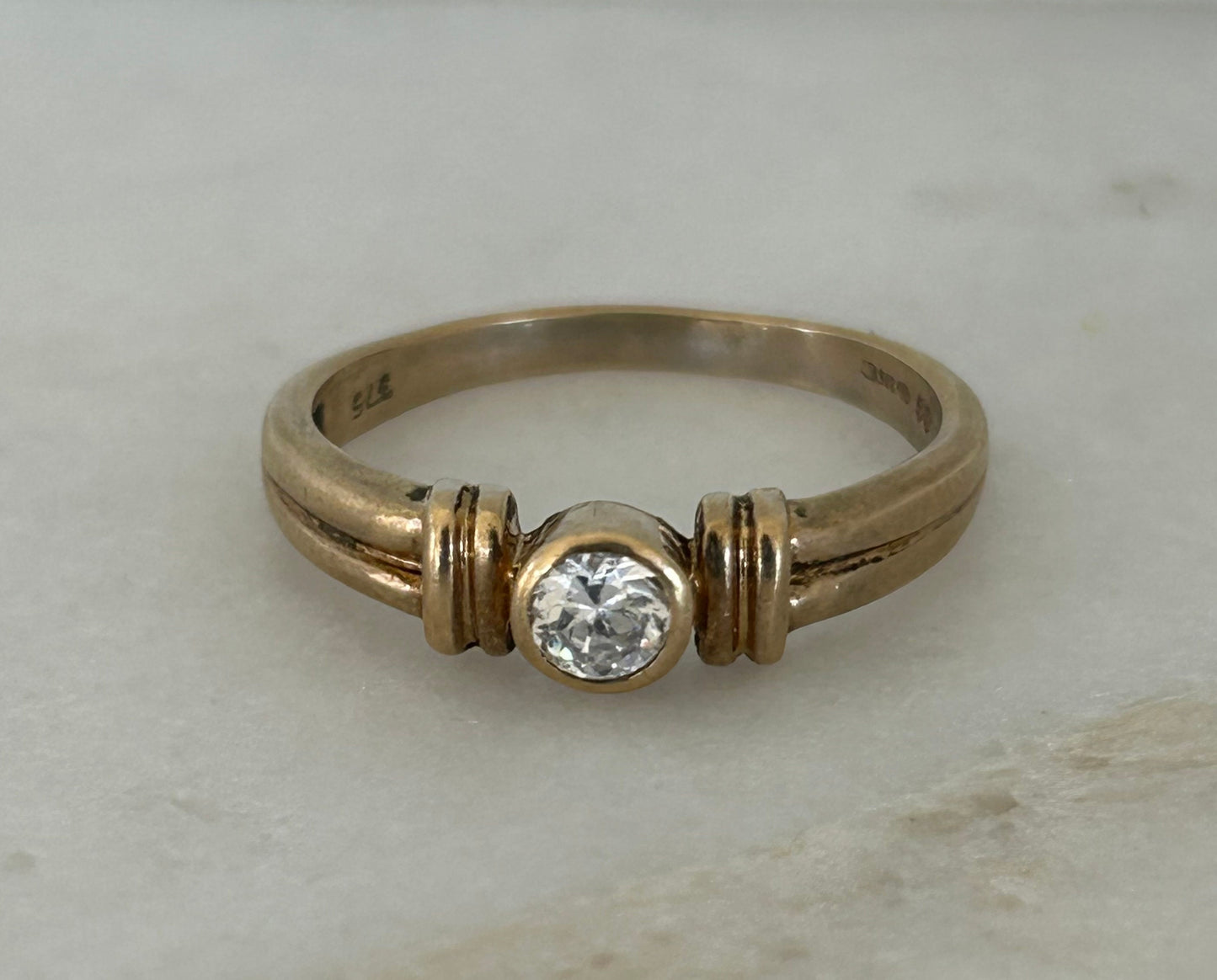 Vintage White Zircon bezel set 9k Gold Ring