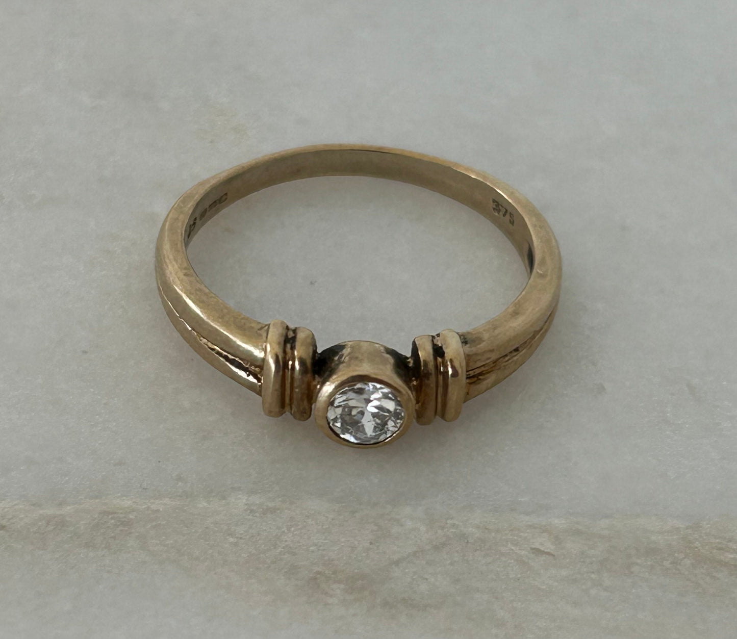 Vintage White Zircon bezel set 9k Gold Ring