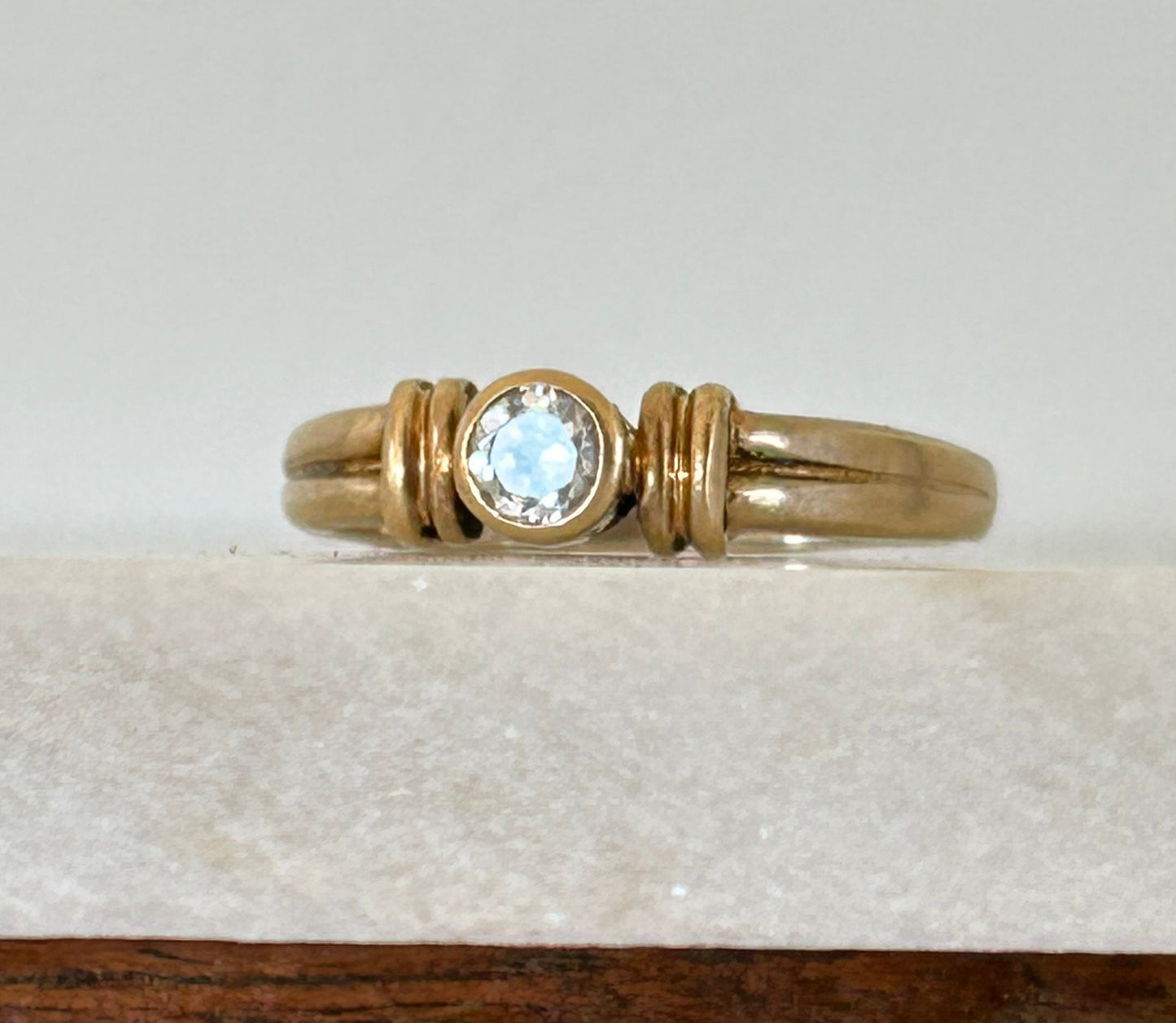 Vintage White Zircon bezel set 9k Gold Ring