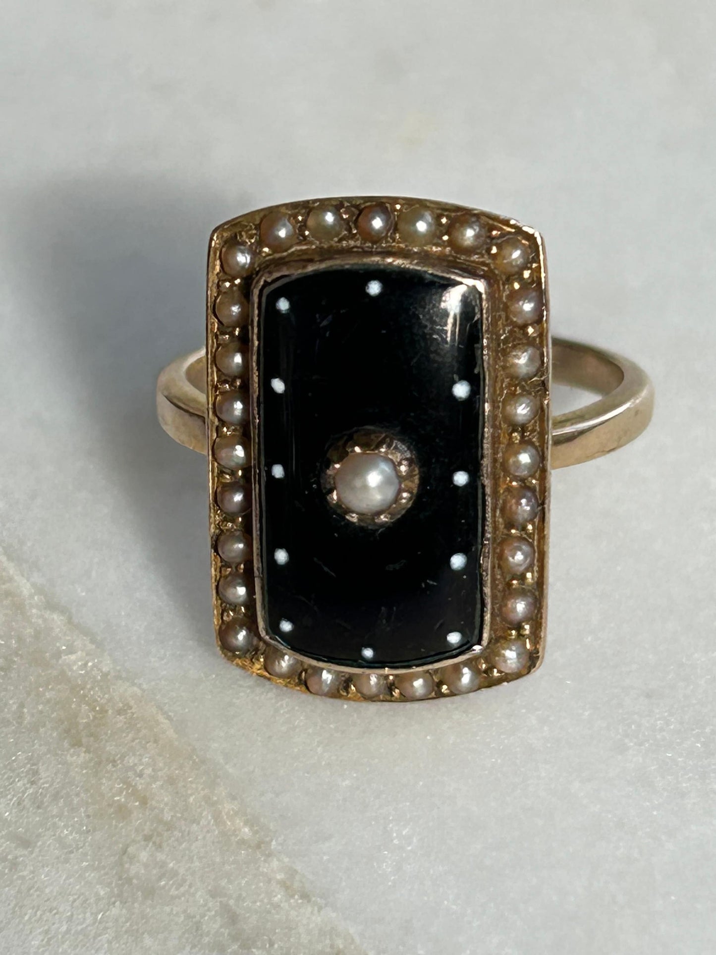 Victorian Locket Mourning Ring Enamel Split Pearl 9k Gold