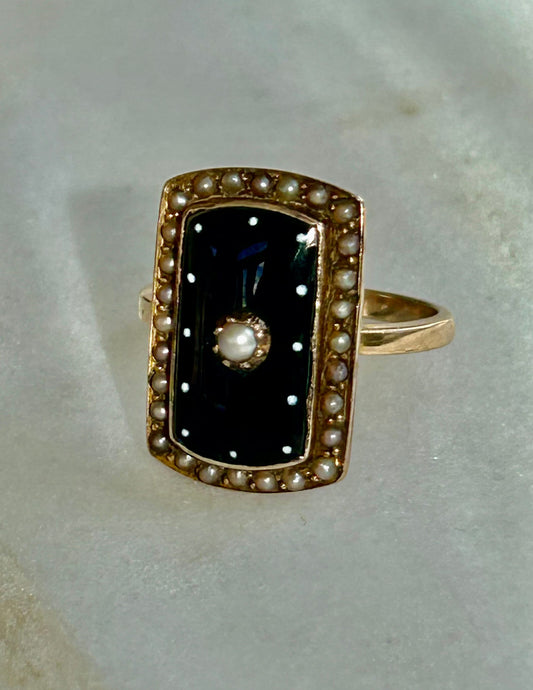 Victorian Locket Mourning Ring Enamel Split Pearl 9k Gold