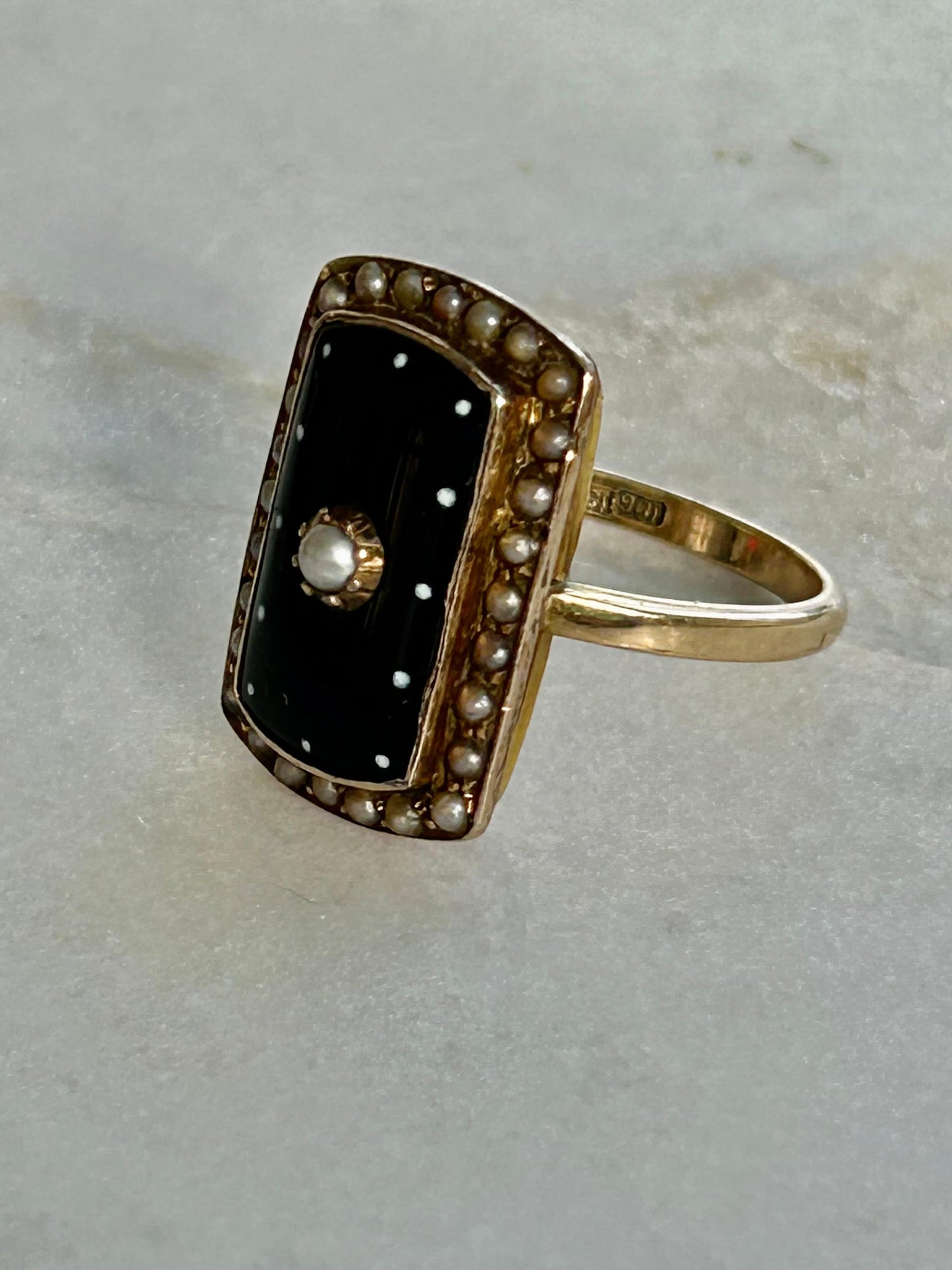 Victorian Locket Mourning Ring Enamel Split Pearl 9k Gold